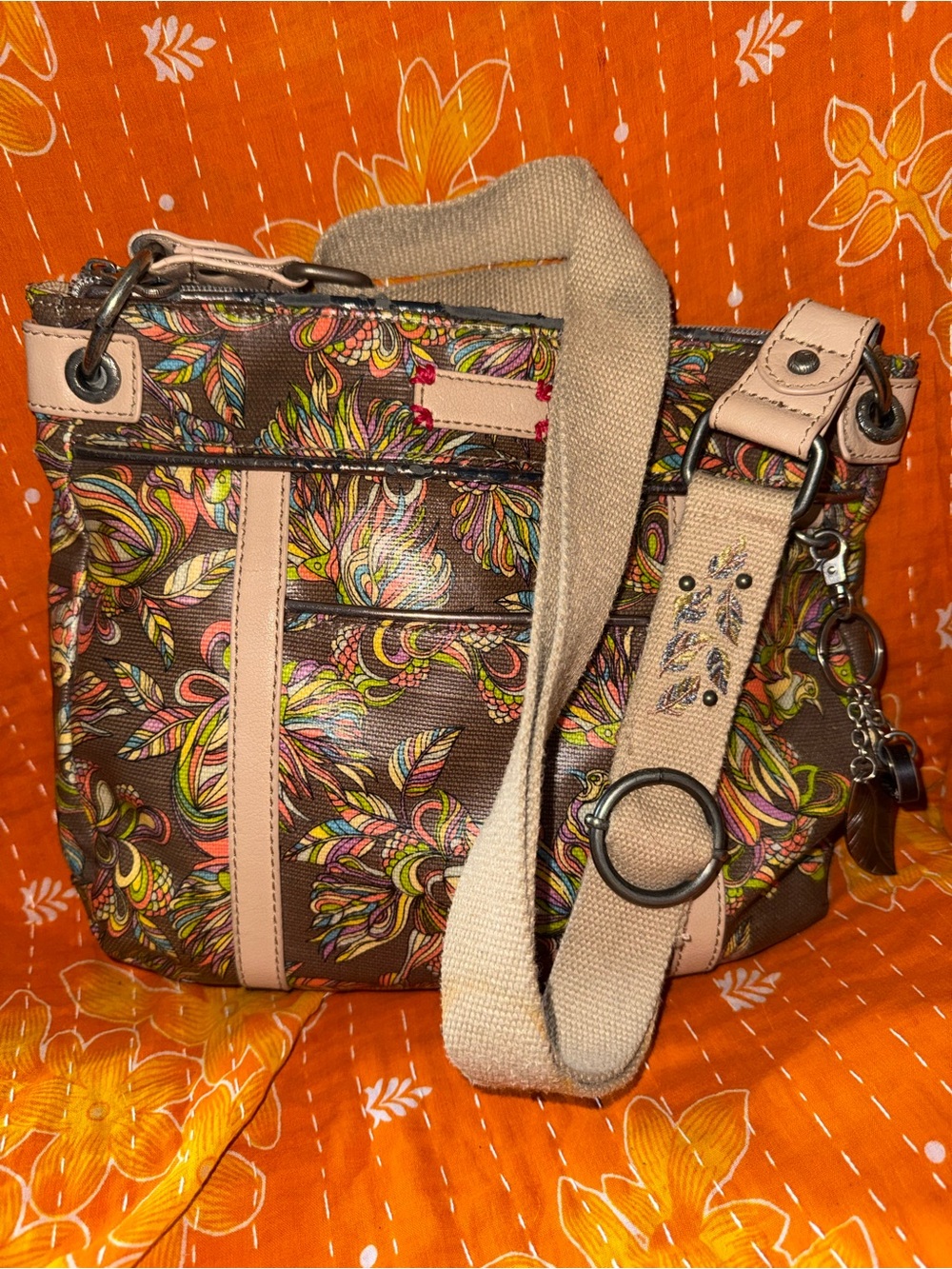 Sakroots Floral Crossbody Bag Brown Multicolor Boho Adjustable Strap